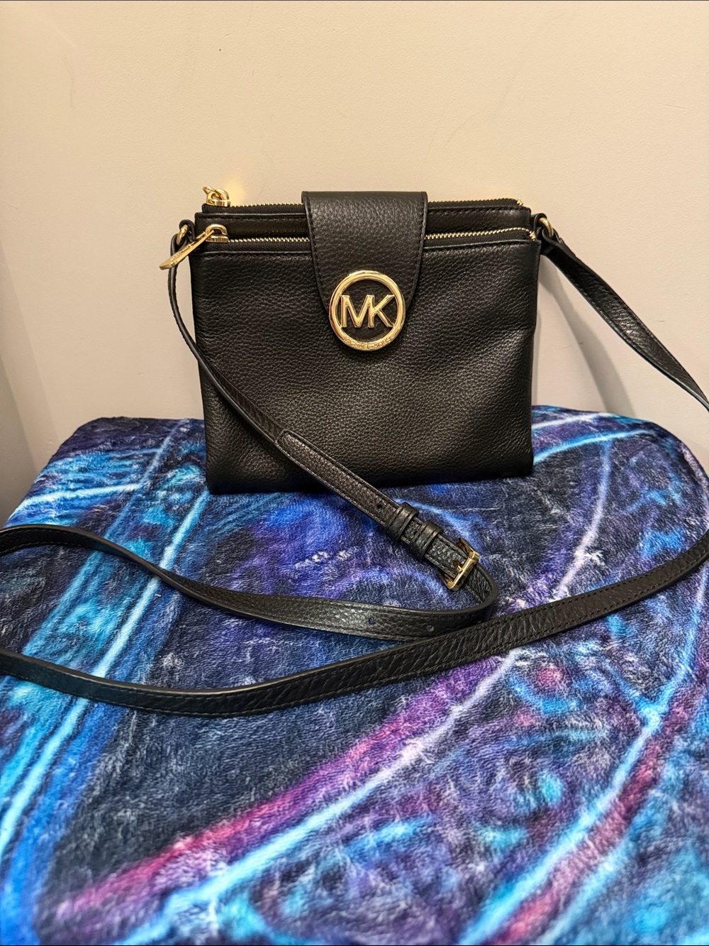 Michael Kors Black Pebbled Leather Crossbody with Gold MK Emblem